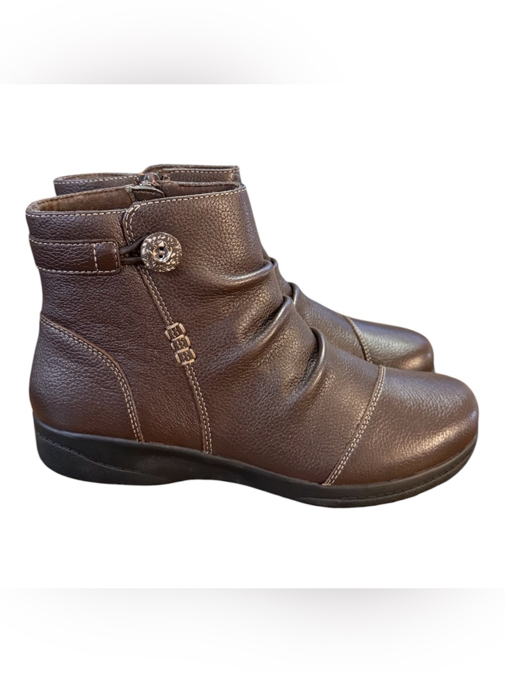 Clarks Cheyn Zoe Dark Brown Leather Slouchy Side-Zip Ankle Boots Women’s Size 7W